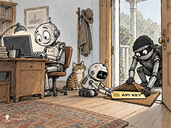 A delighted robot codes at his desk while his small assistant robot slides a giant gold API KEY credit card under the doormat, where a burglar-masked robot outside lifts the mat to grab it; a knowing tabby cat watches, unimpressed — on OpenCode's disclosure that attackers stole users' AI API keys.