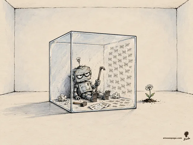 Satirical cartoon: an exhausted retro robot slumps inside a sealed, intact glass cube clutching a bent crowbar, tally marks covering the cube's inner wall, while a small white flower grows undisturbed in the soil just outside.