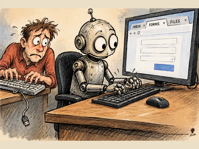 Satirical cartoon: a panicked man frantically types on an unplugged keyboard, its USB plug dangling over the desk edge, while a robot works the real keyboard at a monitor showing INBOX, FORMS and FILES tabs.