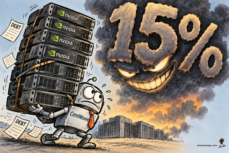 Merv the worried robot CFO, labeled CoreWeave, strains under a towering stack of NVIDIA GPU servers as DEBT slips fly; a giant grinning '15%' storm cloud looms over him. On CoreWeave's bonds cratering to a ~15% yield as AI debt markets seize up.