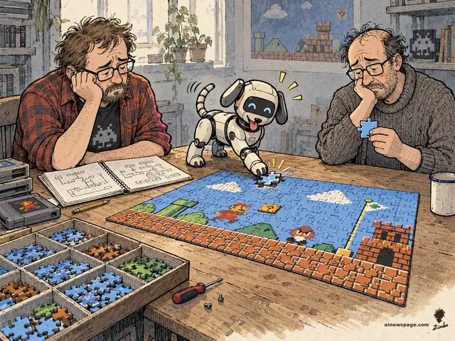 Satirical cartoon: a cheerful robot dog triumphantly places the final piece of a retro-platformer jigsaw puzzle while two defeated hobbyists watch at a wooden table.