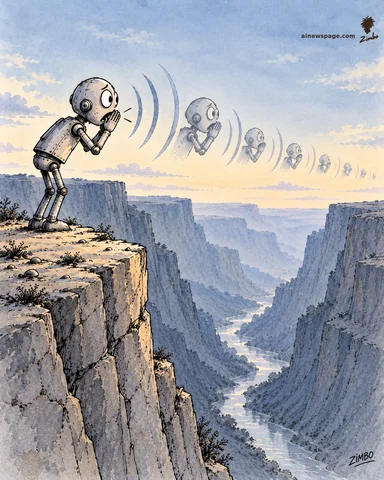 Merv the anxious robot stands on a canyon cliff at golden hour, hands cupped around his mouth shouting into a vast empty canyon; his echo returns as smaller copies of himself in fading sound waves. The only reply is himself, smaller.
