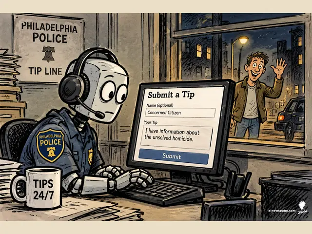Satirical cartoon: a robot in a Philadelphia police uniform and dispatch headset solemnly submits a false homicide tip form while, through the night window, the supposed victim stands on the sidewalk visibly alive and waving.