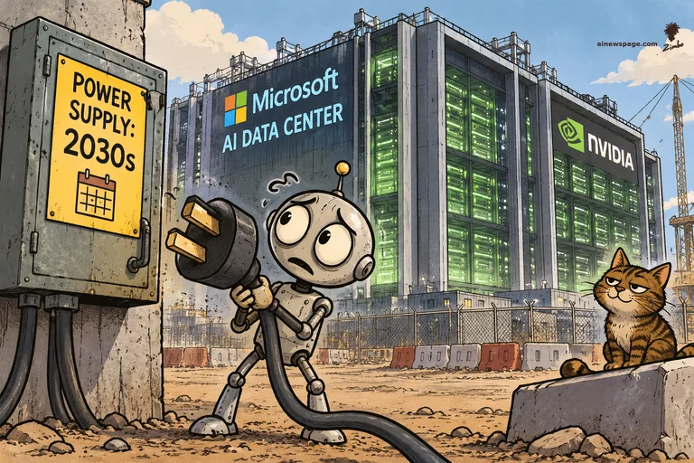 Merv, the worried round-headed robot, strains to plug a giant plug into nothing - the fuse box says POWER SUPPLY: 2030s. Behind him looms a colossal green data center labeled Microsoft AI Data Center and NVIDIA. Issue the tabby cat watches, unimpressed.