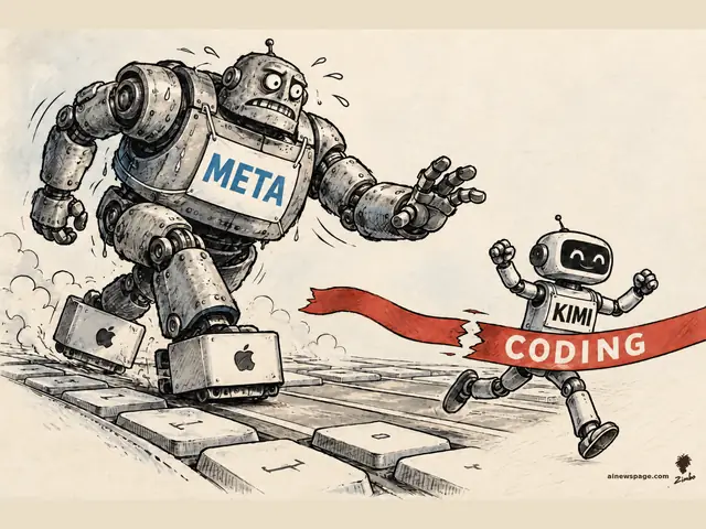 Satirical cartoon: a giant exhausted META robot wearing two Mac Studios as running shoes lumbers down a keyboard-key racetrack while a small KIMI robot breaks through the red CODING finish-line tape ahead of it.