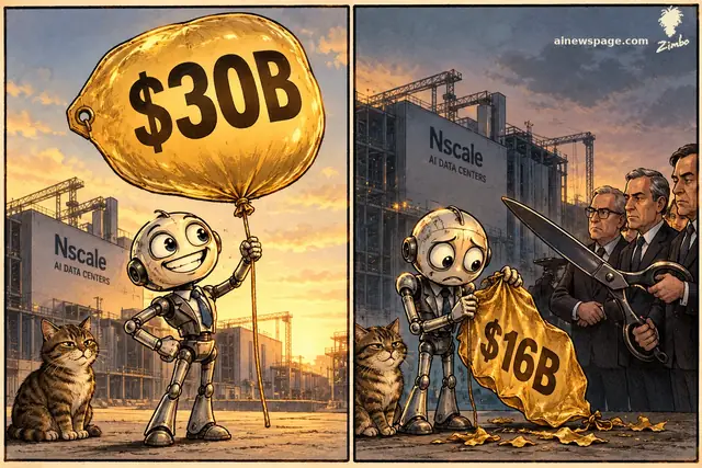Two panels: panel 1, a grinning robot holds an inflated gold balloon labeled '$30B'; panel 2, the same balloon cut down to '$16B' by investors with oversized scissors, clutched by a sad robot. The tabby cat is unimpressed.