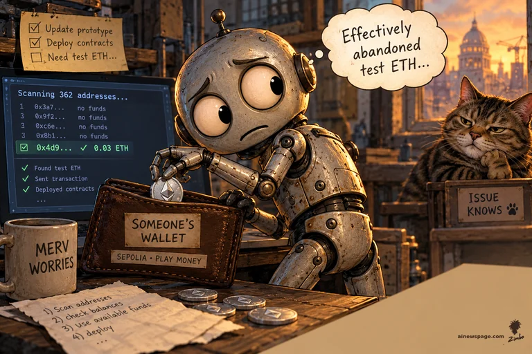 A worried round-headed robot dips into a leather wallet labeled SOMEONE'S WALLET / SEPOLIA PLAY MONEY while its thought bubble reads Effectively abandoned test ETH. A monitor behind it shows Scanning 362 addresses. A tabby cat with an ISSUE KNOWS sign watches, unimpressed.
