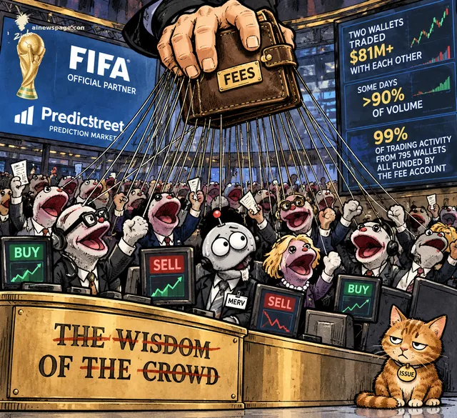A giant hand clutching a wallet labeled 'FEES' pulls the strings of dozens of sock-puppet traders on a prediction-market floor; a plaque reads 'THE WISDOM OF THE CROWD' with 'WISDOM' and 'CROWD' struck through. Merv is one of the puppets; Issue the cat watches, unimpressed.