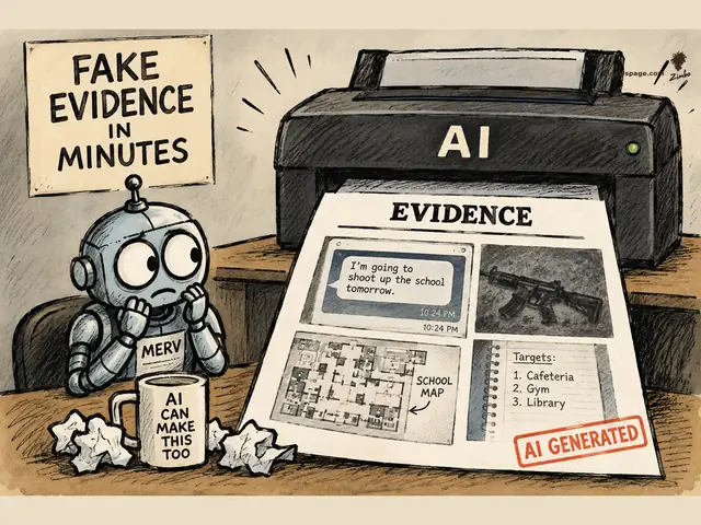 Satirical cartoon: an office printer labeled AI mass-manufactures a fake EVIDENCE sheet — a threatening text thread, a gun photo, a school map, a targets list — stamped AI GENERATED, while a worried robot watches under a FAKE EVIDENCE IN MINUTES sign.