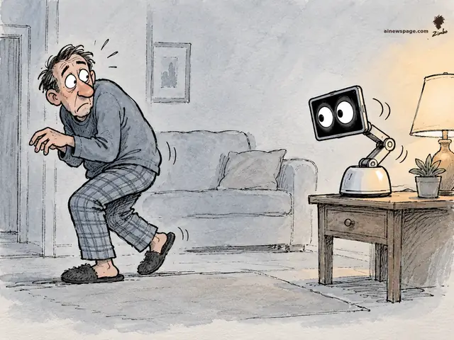 Satirical cartoon: a nervous man in pajamas tiptoes across his living room while a tabletop robot arm swivels its wide-eyed screen to stare at him.