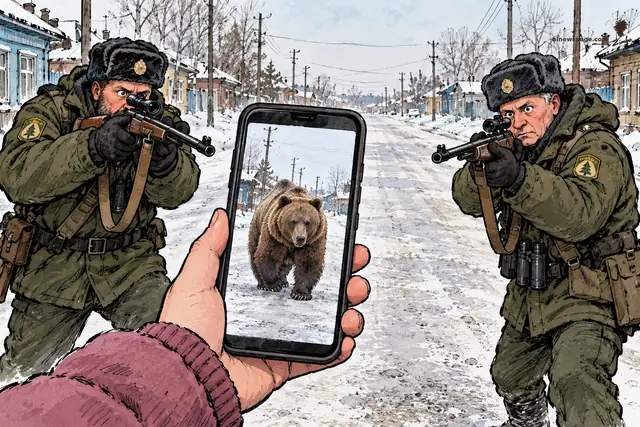 Satirical cartoon: two armed rangers aim rifles at a phone screen showing a bear photo, held up in a snowy Russian street — the fake bear, the real hunt.