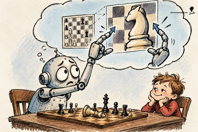 Satirical cartoon: a worried robot pinches to zoom on a chess knight inside a giant thought bubble while a smug kid across the board game table has already toppled his king.