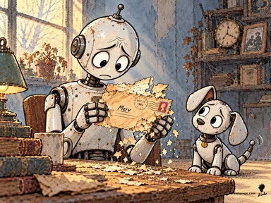 Merv the anxious robot holds a crumbling yellowed envelope addressed to 'Merv' with an OCT 14 1985 postmark, the paper disintegrating at his touch as he finally opens it; Buddy the small robot dog watches with his head tilted, unsure whether to wag.