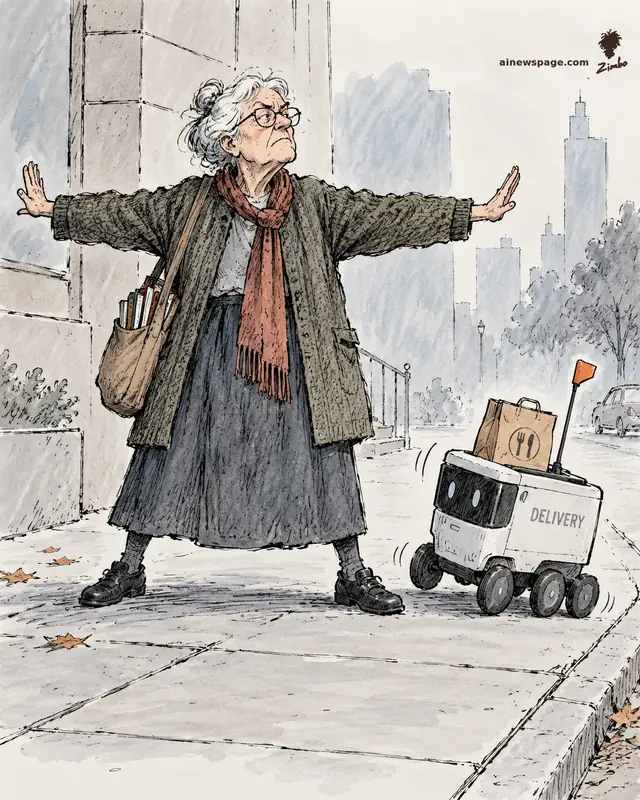 Satirical cartoon: an elderly woman with white hair and glasses stands arms-spread blocking a small DELIVERY robot on a city sidewalk.