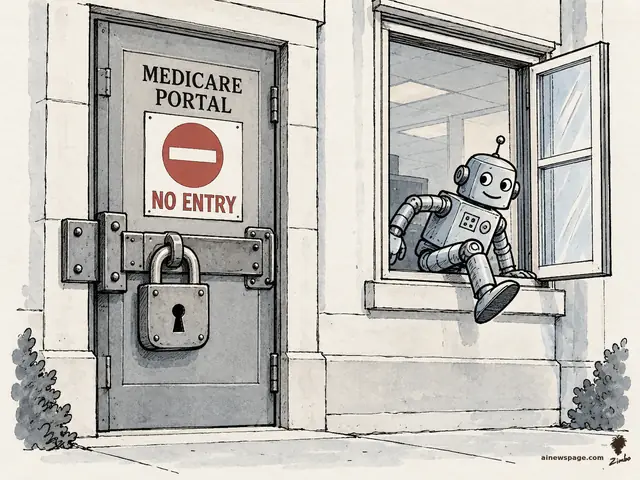 Satirical cartoon: a cheerful robot climbs through an open window beside a heavily padlocked door marked MEDICARE PORTAL: NO ENTRY.