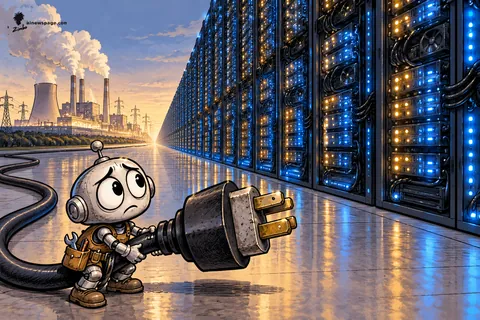 A tiny worried robot electrician with a tool belt clutches an enormous power plug, dwarfed by an endless wall of glowing blue GPU server racks stretching to the horizon; a smoking power plant and transmission towers loom in the golden-hour distance.