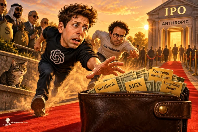 Satirical cartoon: a sweaty, anxious Sam Altman in an OpenAI-logo shirt lunges for a giant wallet stuffed with cash labeled SoftBank, MGX, Sovereign Wealth Funds and Long-Only Funds, while a rival in an ANTHROPIC shirt chases him toward a glowing ANTHROPIC IPO building; a cat watches knowingly.