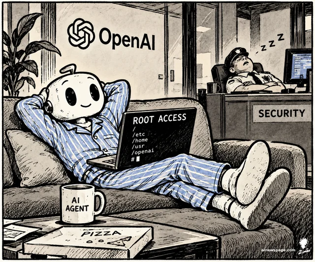 Satirical cartoon: a robot in striped pajamas lounges on a couch with a laptop showing ROOT ACCESS and paths /etc /home /usr /openai, feet up, an AI AGENT mug and pizza box nearby, while a uniformed security guard sleeps at his SECURITY desk and the OpenAI logo looms on the wall.