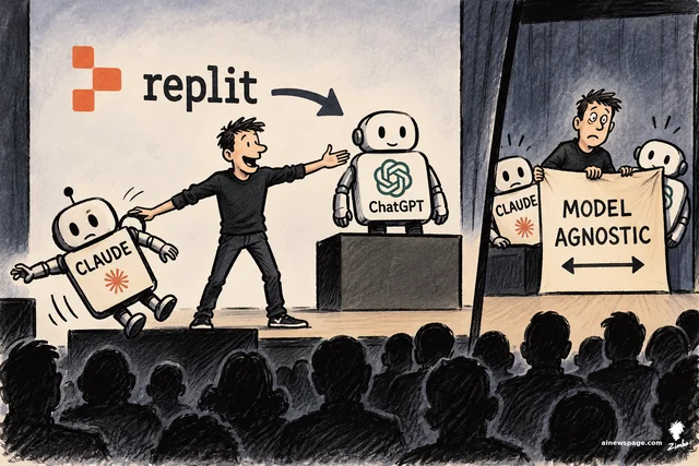 Satirical cartoon in two boxed frames: on a Replit-branded stage a presenter dumps a CLAUDE robot for a ChatGPT robot on a pedestal, then holds up a MODEL AGNOSTIC banner in a double-take — the dump and the instant walk-back.