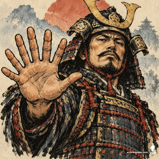 Satirical cartoon: a proud armored samurai portrait raises one open hand toward the viewer showing six clearly countable fingers — the AI-upscale defect that got the game pulled.