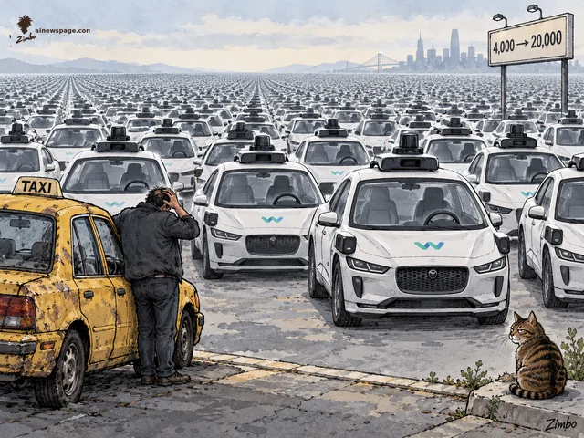 Satirical cartoon: an endless sea of identical white driverless Waymo cars with empty driver seats stretches to the horizon, dwarfing one worried human taxi driver leaning on his battered yellow cab; a brown tabby cat watches knowingly; a billboard reads '4,000 → 20,000'.