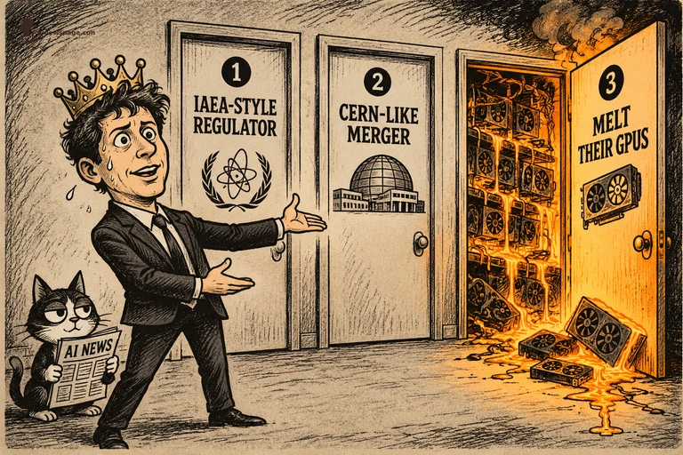 Satirical cartoon: a sweating crowned boy-king CEO presents three numbered doors — IAEA-STYLE REGULATOR, CERN-LIKE MERGER, MELT THEIR GPUS; door 3 glows with molten GPUs dripping out while a small cat reads an AI NEWS newspaper.
