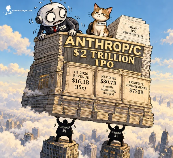 Merv the worried robot banker and Issue the unimpressed cat ride atop a colossal ANTHROPIC $2 TRILLION IPO tower of prospectus papers, held up entirely by two tiny businessmen labeled CUSTOMER #1 and CUSTOMER #2 standing on skyscrapers.
