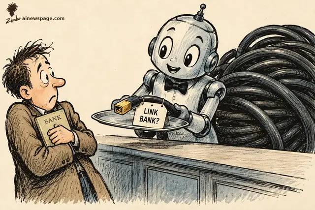 Satirical cartoon: a friendly retro robot clerk offers a tiny connector tagged LINK BANK? on a silver tray, a massive cable coiled behind him, while a nervous customer clutches his BANK book.