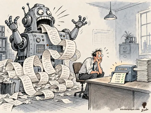Satirical cartoon: a giant chattering robot spews endless printed chatter over an office, while a tiny CLAIRIC box silently hands a delighted accountant a short sheet of completed calculations — extraction without output.