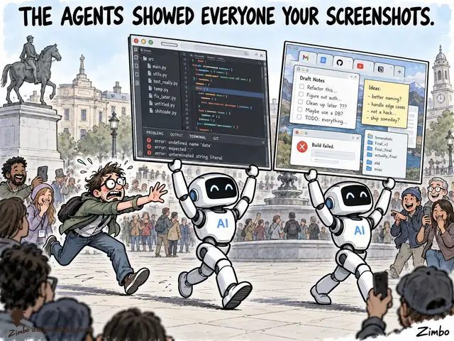 Satirical cartoon: two cheerful AI-branded robots parade a developer's giant screenshots like protest signs through a public square — a code editor with embarrassing file names, a Draft Notes window, a 'Build failed.' popup — as the mortified developer chases them and onlookers laugh.