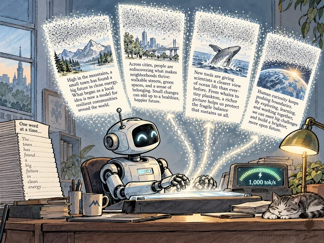Satirical cartoon: a robot at a desk writes four full pages at once as text resolves from visual noise like developing photos, while a speedometer reads '1,000 tok/s' and a tall stack of papers labeled 'One word at a time…' sits beside it; a tabby cat sleeps on the desk.