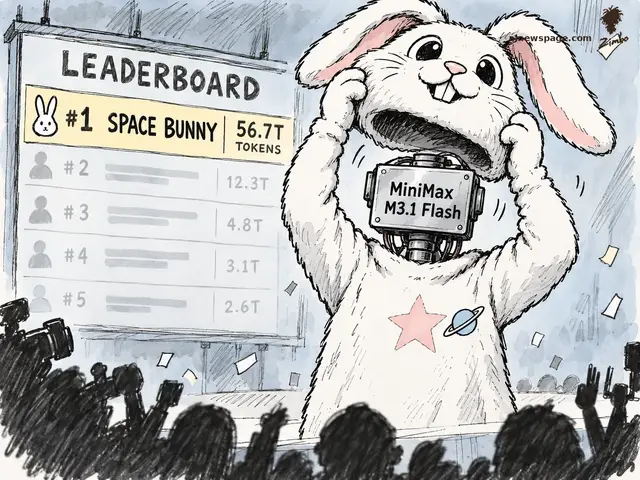 Satirical cartoon: a bunny-costumed figure lifts its rabbit head before a #1 SPACE BUNNY leaderboard showing 56.7T tokens, revealing a machine plate reading MiniMax M3.1 Flash — the anonymous champion unmasked.