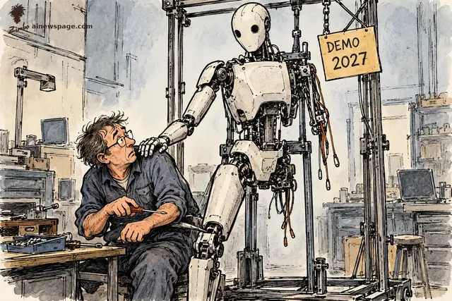 Satirical cartoon: a half-built humanoid robot hangs in an assembly frame — one leg missing, wires dangling, a DEMO 2027 tag — while its finished hand quietly taps the nervous technician's shoulder.
