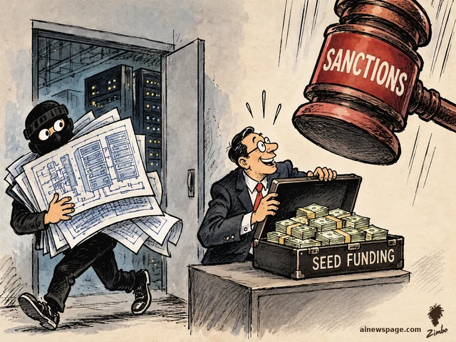 Satirical cartoon: a masked thief hurries out of a server room carrying stolen server schematics while a grinning suited man opens a briefcase labeled 'SEED FUNDING' full of cash, and a giant gavel labeled 'SANCTIONS' descends toward the money.