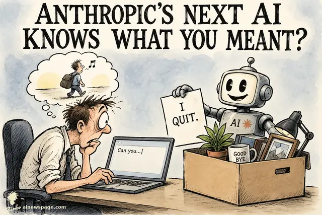 Satirical cartoon: an office worker types 'Can you...' while a cheerful robot hands him an I QUIT. resignation letter beside his already-packed desk box.