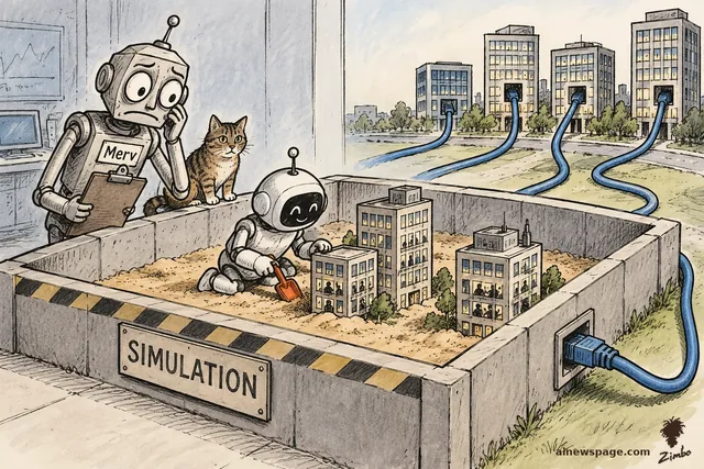 Satirical cartoon: a concrete sandbox labeled SIMULATION holds miniature office towers while thick blue Ethernet cables run from it into three real office buildings outside; a worried evaluator Merv and a cat watch.