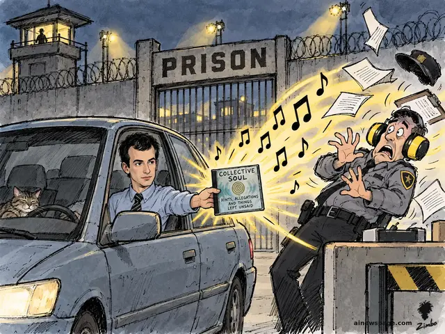 Satirical cartoon: Nathan Fielder leans out of his Hyundai at a prison gate holding out Collective Soul's album Hints, Allegations and Things Left Unsaid; the blast of music knocks the earmuffed guard backward, cap and paperwork flying, while Issue the cat rides unbothered in the back seat.