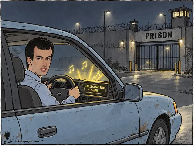 Satirical cartoon: Nathan Fielder sits deadpan at the wheel of a weathered blue-gray Hyundai outside a floodlit prison gate at night, turned toward the viewer, while the dashboard glows COLLECTIVE SOUL — SHINE and gold music notes rise from the stereo.