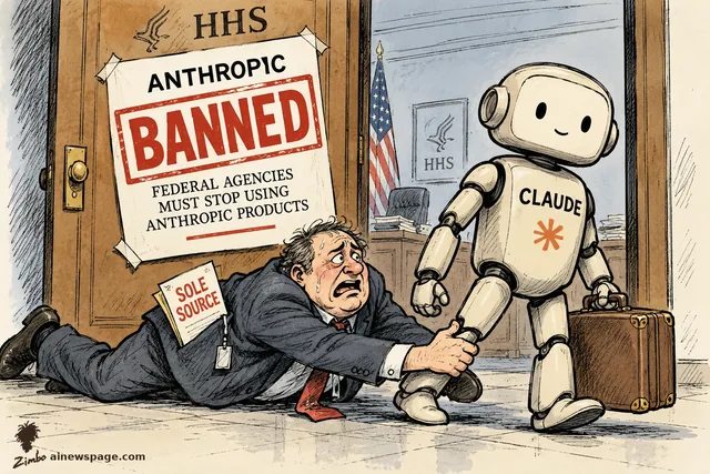 Satirical cartoon: a distraught bureaucrat sprawls on the floor clutching the ankle of a departing CLAUDE robot with a suitcase, a SOLE SOURCE contract in his pocket, under a taped-up ANTHROPIC BANNED notice on the HHS door.