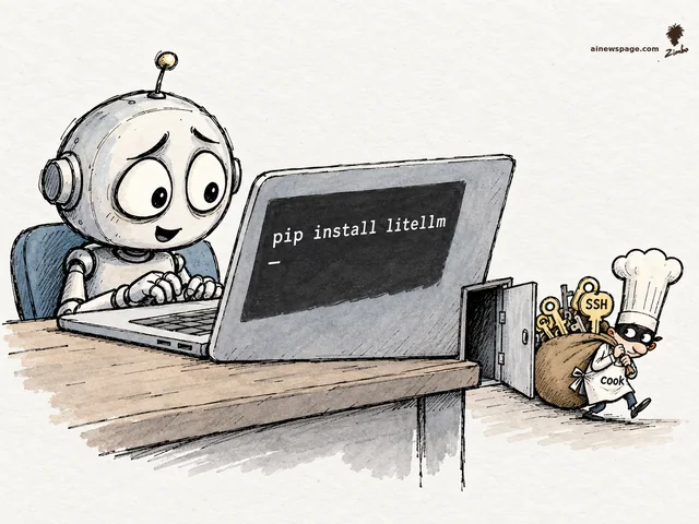 An anxious robot happily types 'pip install litellm' on a laptop while a masked tiny chef with a 'cook' name tag slips out a back door in the machine, dragging a bulging sack of keys including one labeled SSH.
