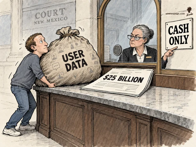 A Zuckerberg-like figure strains to push a giant sack labeled 'USER DATA,' covered in profile and message icons, onto a New Mexico courthouse payment counter. A stern clerk points at a 'CASH ONLY' sign while a giant document on the counter reads '$25 BILLION.'
