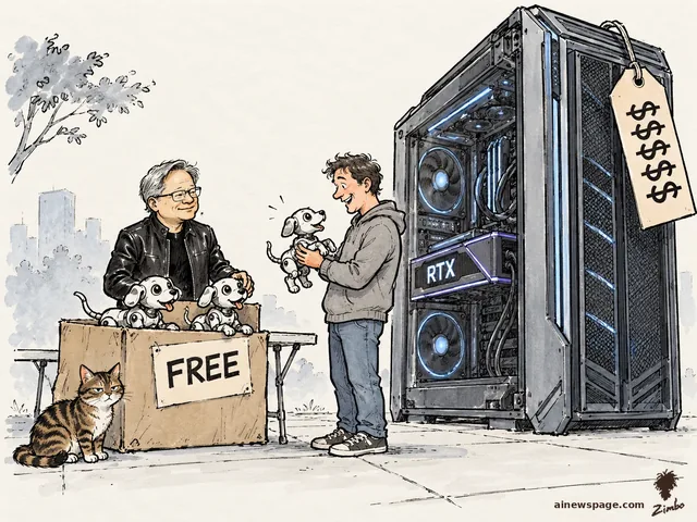 Satirical cartoon: a leather-jacketed man hands out robot puppies from a FREE box to a delighted customer while a towering RTX PC with a $$$$ price tag looms as the doghouse and a cat looks unimpressed.