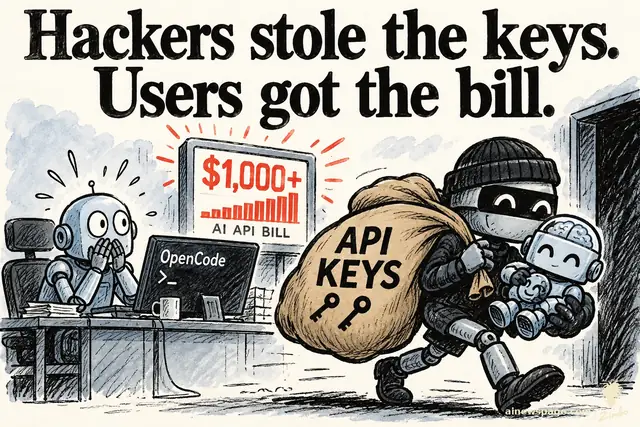 Satirical cartoon: a masked robot burglar tiptoes off with a sack labeled API KEYS and a freshly-cloned mini-robot while a $1,000+ AI API BILL meter explodes behind a horrified victim at an OpenCode workstation.