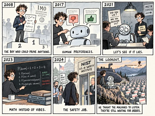 Christiano strip: 2008 IMO silver; 2017 RLHF reward button; 2021 ARC grills a sweating robot; 2023 P(doom) chalkboard; 2024 NIST job amid resign threats; finale: Christiano + Merv in a submarine gaze at APPROVED-stamping robots — HE TAUGHT THE MACHINES TO LISTEN. THEY'RE STILL WAITING FOR ORDERS.