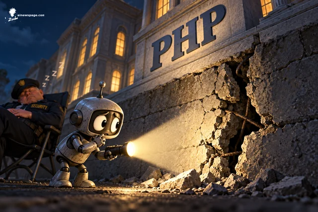 A small worried robot shines a flashlight on a giant crack in the foundation of a stone building labeled PHP, while a human SECURITY guard naps in a chair beside him, oblivious.
