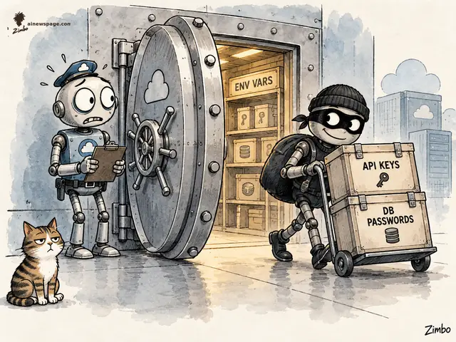 A worried round-headed robot guard in a guard cap clutches a clipboard beside a wide-open bank vault labeled ENV VARS, its shelves stacked with key-boxes, while a masked thief robot wheels a dolly loaded with crates labeled API KEYS and DB PASSWORDS out the door. An unimpressed tabby cat watches.