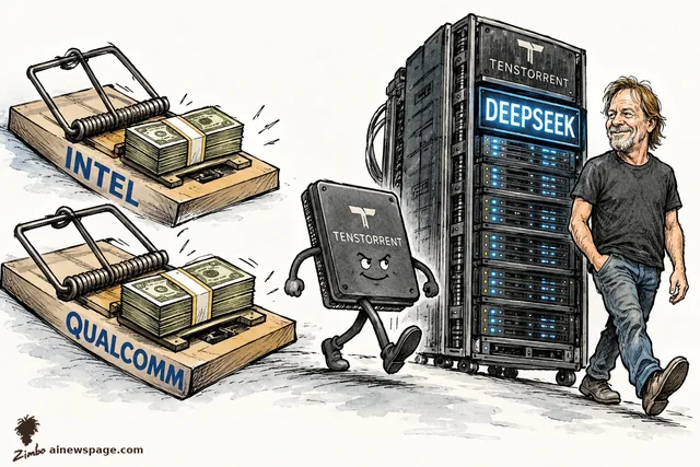 Satirical cartoon: a smiling TENSTORRENT chip walks away from two giant mousetraps labeled INTEL and QUALCOMM baited with cash stacks, beside a Tenstorrent server rack glowing DEEPSEEK, a bearded founder walking alongside.