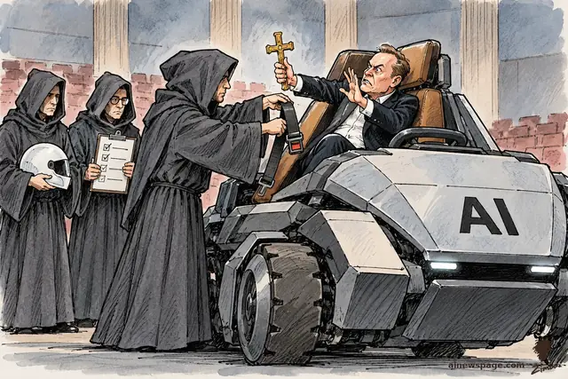 Satirical cartoon: a suited tech magnate brandishes a gold crucifix at hooded AI safetyists who are trying to buckle his seatbelt inside a self-driving AI vehicle.