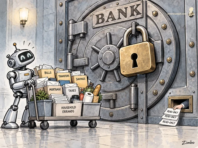 A cheerful robot pushes a cart overflowing with money errands — BILLS, TRANSFERS, SAVINGS, MORTGAGE, TAXES, HOUSEHOLD ERRANDS — toward a towering BANK vault shut with a giant padlock; a tiny teller window below offers slips labeled READ-ONLY.