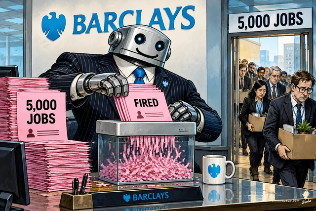 A smiling robot banker in a pinstripe suit sits at a Barclays desk feeding pink slips labeled 'FIRED' and '5,000 JOBS' into a clear shredder while human workers carrying moving boxes file out a door marked '5,000 JOBS.'